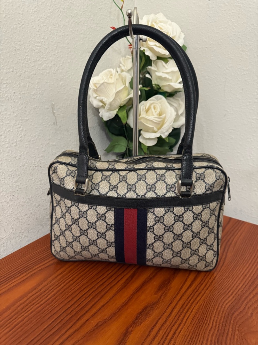 Gucci Beige Monogram Shoulder Bag with Navy and Red Web Stripe - Picture 8 of 11
